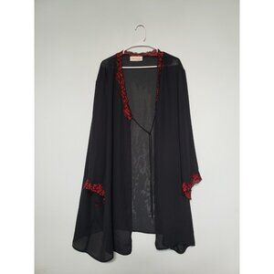 Intimates Lane Bryant Womens Kimono Robe Sheer Black Red Floral Lace Tie Front